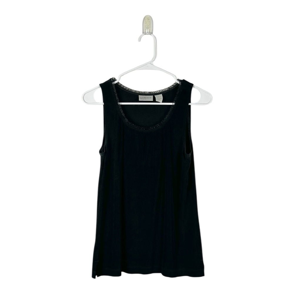 Chico’s Travelers Ruffle Trim Black Acetate Tank Top